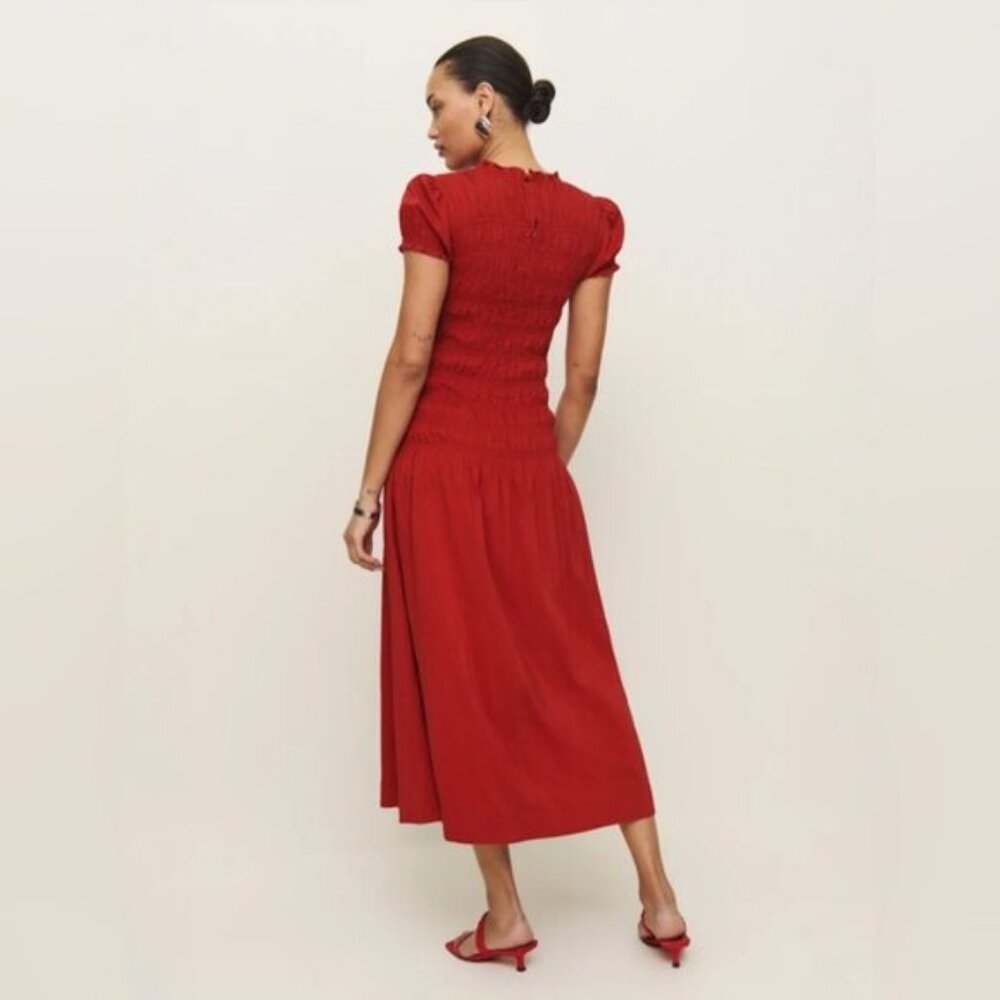 NEW Reformation Kiria Midi Drop Waist Short Sleeve Dress Lipstick Red | size 0 - Picture 3 of 14
